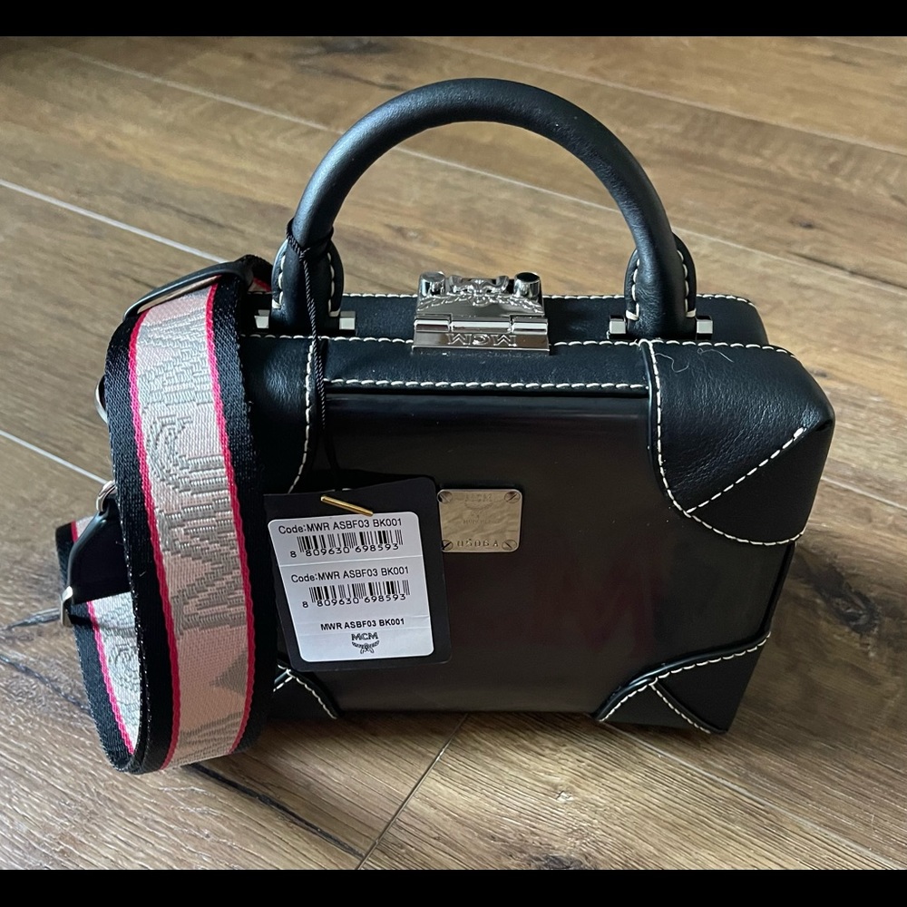 MCM-AUTHENTIC NWT Black Leather & Silicon Crossbody Handbag
